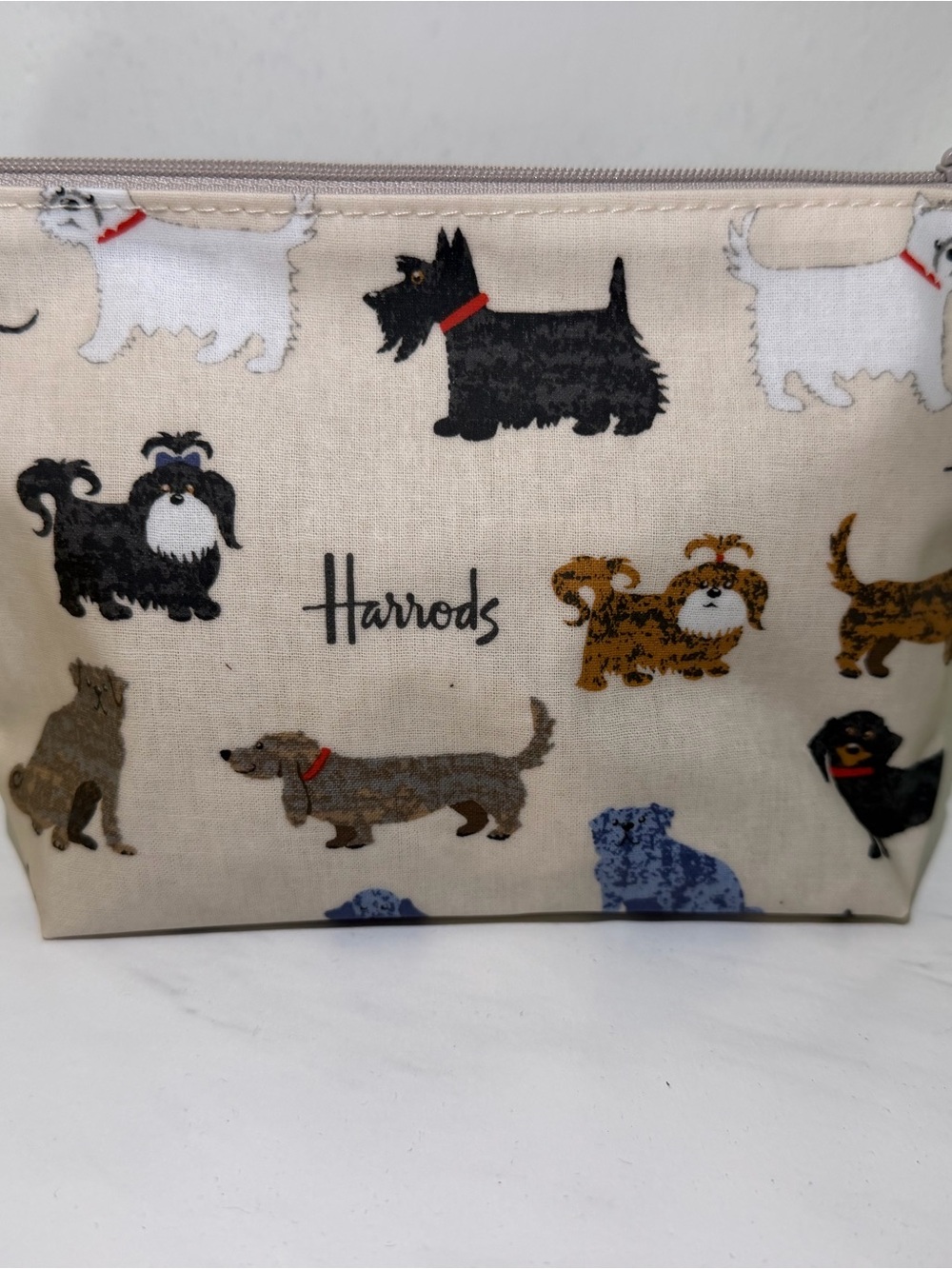 Harrods Beige Dog Print Cosmetic Pouch with Multicolor Dogs